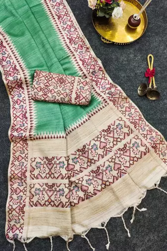 Green silk blend patola silk printed saree