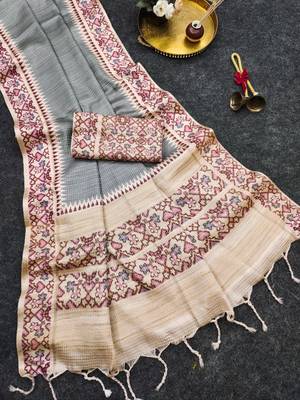 Grey silk blend patola silk printed saree 1