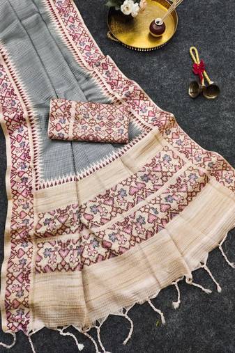 Grey silk blend patola silk printed saree