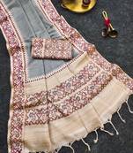 Grey silk blend patola silk printed saree