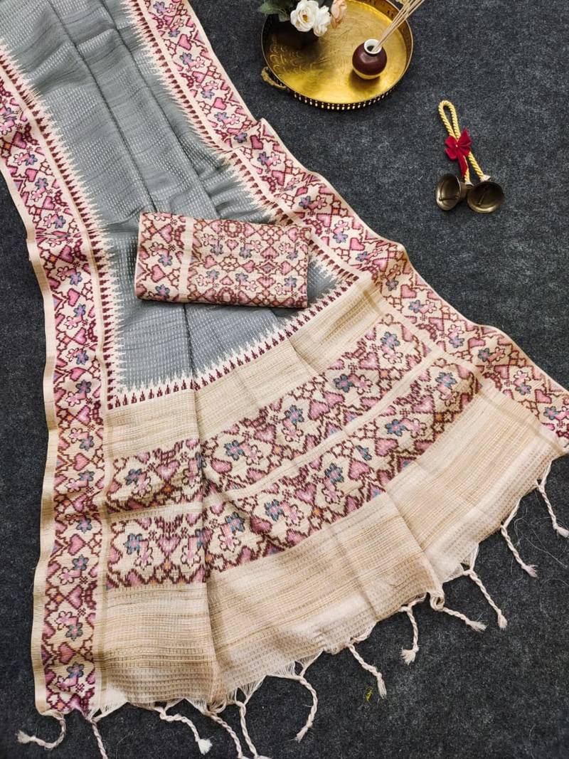 Grey silk blend patola silk printed saree