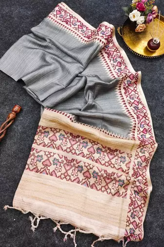 Grey silk blend patola silk printed saree
