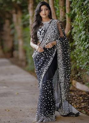 Classic black heavy beads embroidered design net party wear saree with matching blouse 1