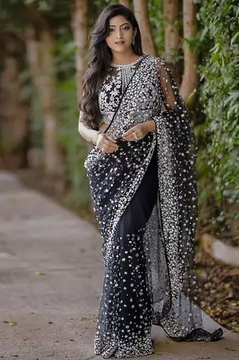 Classic black heavy beads embroidered design net party wear saree with matching blouse