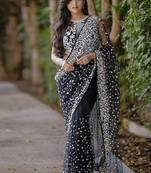 Classic black heavy beads embroidered design net party wear saree with matching blouse