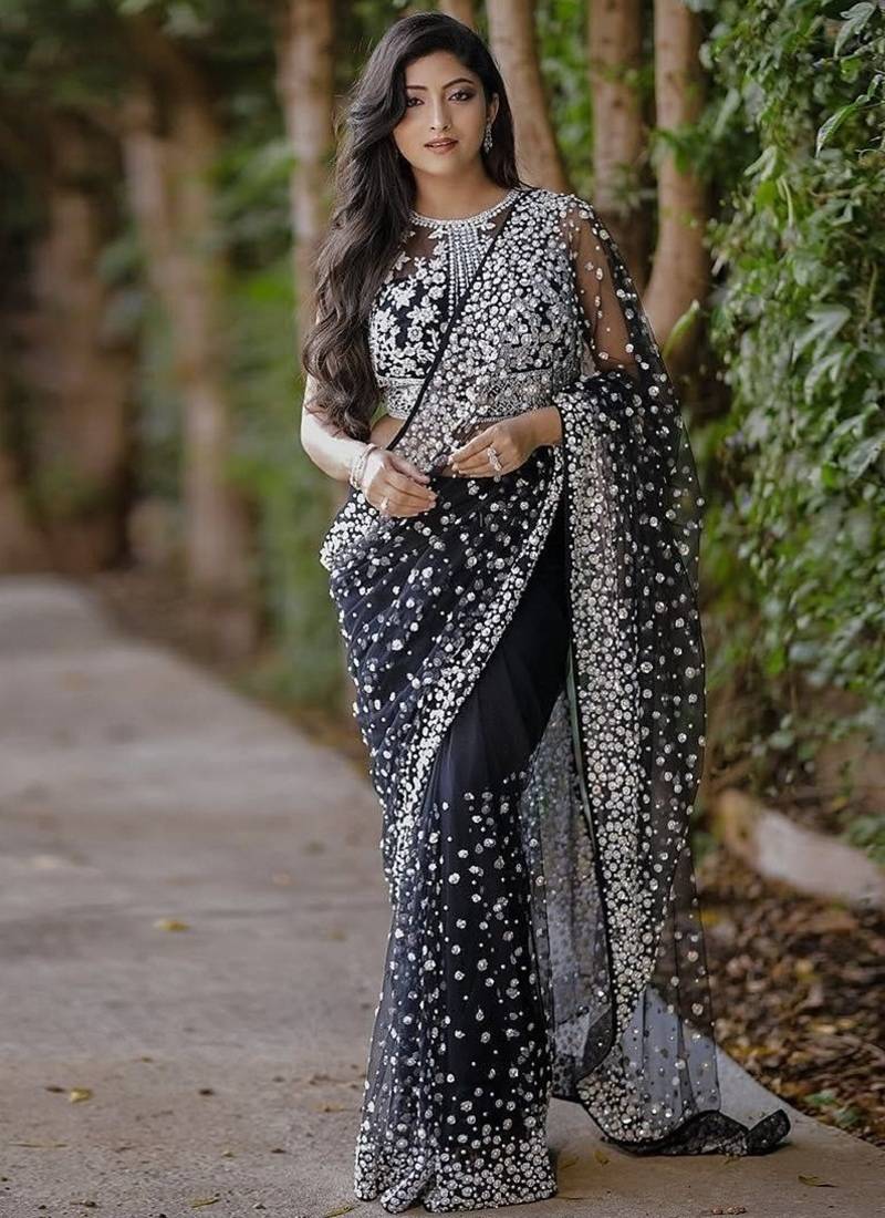 Classic black heavy beads embroidered design net party wear saree with matching blouse
