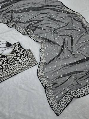 Classic black heavy beads embroidered design net party wear saree with matching blouse 4