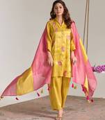 Fuchsia pink yellow chanderi stripe tissue dupatta