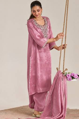 Pink organza chanderi stripe dupatta