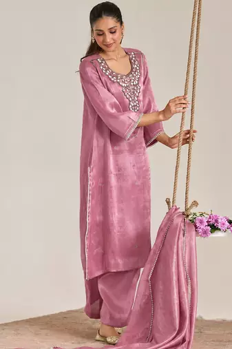 Pink organza chanderi stripe dupatta