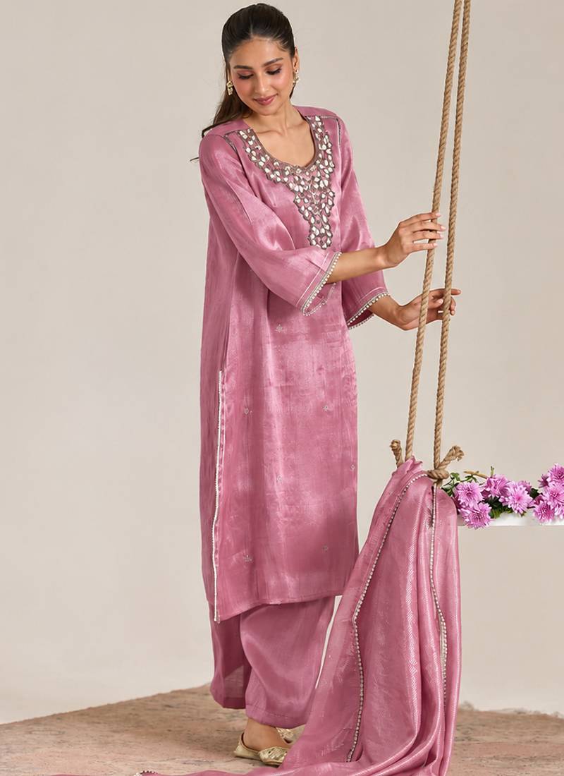 Pink organza chanderi stripe dupatta