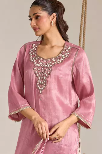 Pink organza chanderi stripe dupatta