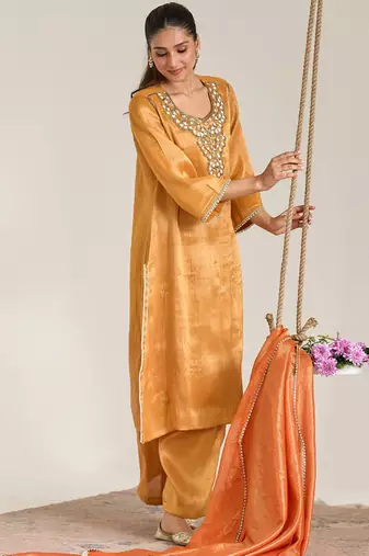 Rust orange organza chanderi stripe dupatta