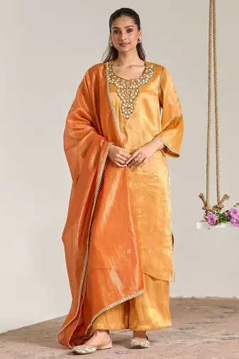 Rust orange organza chanderi stripe dupatta