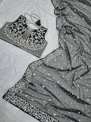 Classic black heavy beads embroidered design net party wear saree with matching blouse 5