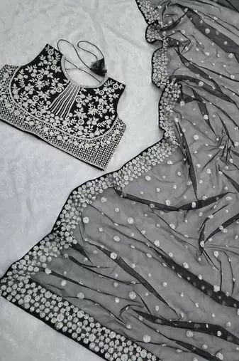 Classic black heavy beads embroidered design net party wear saree with matching blouse