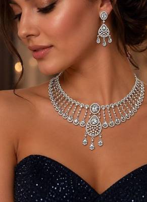 Luxury CZ Bridal Necklace and Dangle Earrings Set, Silver Rhodium-Plated Choker 1