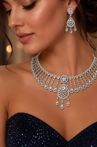 Luxury CZ Bridal Necklace and Dangle Earrings Set, Silver Rhodium-Plated Choker