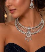 Luxury CZ Bridal Necklace and Dangle Earrings Set, Silver Rhodium-Plated Choker