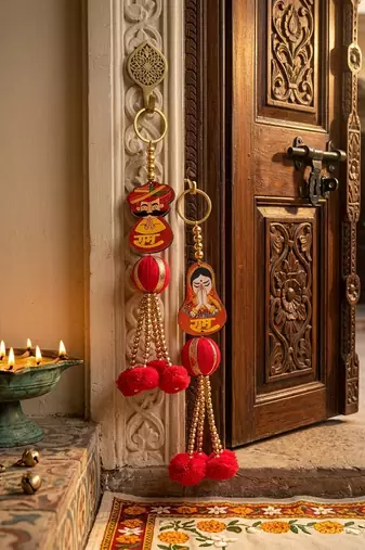 handmade ram ram ji rajasthani hanging decorative pom pom latkan for home decoration (pack of 6)