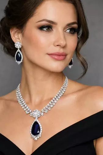 Blue Sapphire Teardrop Necklace Earrings Set | Silver CZ Bridal Jewelry