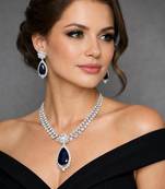 Blue Sapphire Teardrop Necklace Earrings Set | Silver CZ Bridal Jewelry