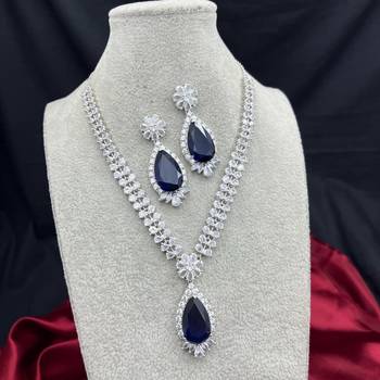 Blue Sapphire Teardrop Necklace Earrings Set | Silver CZ Bridal Jewelry 2