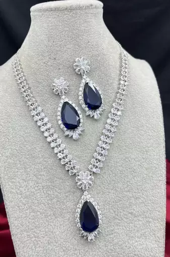 Blue Sapphire Teardrop Necklace Earrings Set | Silver CZ Bridal Jewelry