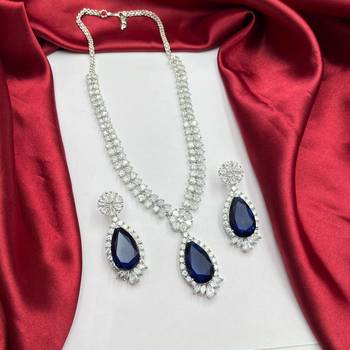 Blue Sapphire Teardrop Necklace Earrings Set | Silver CZ Bridal Jewelry 3
