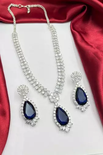 Blue Sapphire Teardrop Necklace Earrings Set | Silver CZ Bridal Jewelry