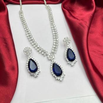 Blue Sapphire Teardrop Necklace Earrings Set | Silver CZ Bridal Jewelry 4