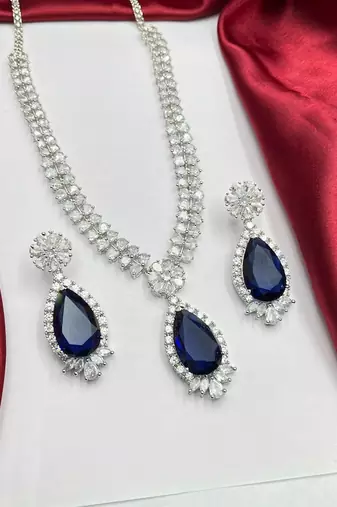Blue Sapphire Teardrop Necklace Earrings Set | Silver CZ Bridal Jewelry