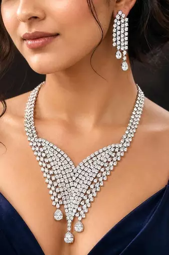 Cubic Zirconia Waterfall Bridal Necklace Earrings Set, Silver Rhodium Plated Statement Jewelry
