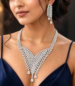 Cubic Zirconia Waterfall Bridal Necklace Earrings Set, Silver Rhodium Plated Statement Jewelry