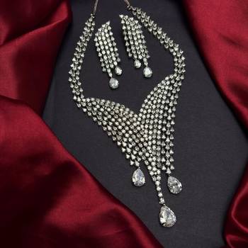 Cubic Zirconia Waterfall Bridal Necklace Earrings Set, Silver Rhodium Plated Statement Jewelry 2