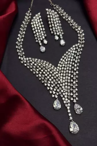 Cubic Zirconia Waterfall Bridal Necklace Earrings Set, Silver Rhodium Plated Statement Jewelry
