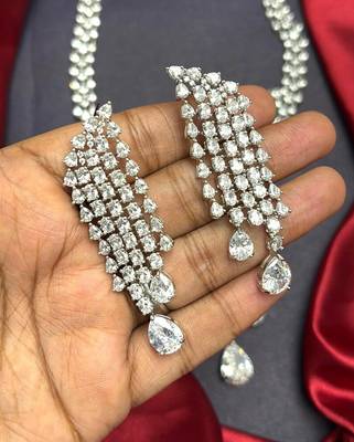 Cubic Zirconia Waterfall Bridal Necklace Earrings Set, Silver Rhodium Plated Statement Jewelry 3