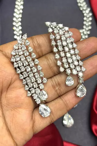 Cubic Zirconia Waterfall Bridal Necklace Earrings Set, Silver Rhodium Plated Statement Jewelry
