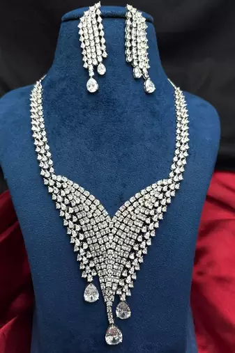Cubic Zirconia Waterfall Bridal Necklace Earrings Set, Silver Rhodium Plated Statement Jewelry