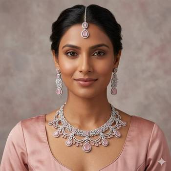 Bridal Pink Stone Choker Necklace Set: CZ Diamond Indian Wedding Jewelry 1