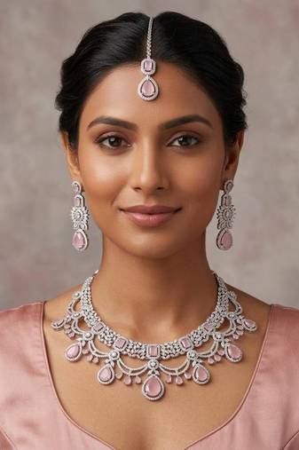 Bridal Pink Stone Choker Necklace Set: CZ Diamond Indian Wedding Jewelry