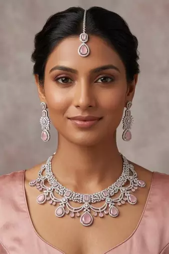 Bridal Pink Stone Choker Necklace Set: CZ Diamond Indian Wedding Jewelry