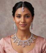 Bridal Pink Stone Choker Necklace Set: CZ Diamond Indian Wedding Jewelry