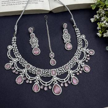 Bridal Pink Stone Choker Necklace Set: CZ Diamond Indian Wedding Jewelry 2