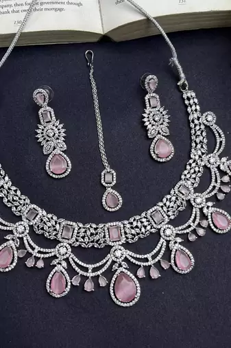 Bridal Pink Stone Choker Necklace Set: CZ Diamond Indian Wedding Jewelry