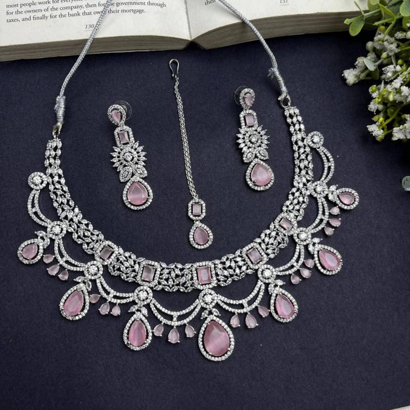 Bridal Pink Stone Choker Necklace Set: CZ Diamond Indian Wedding Jewelry
