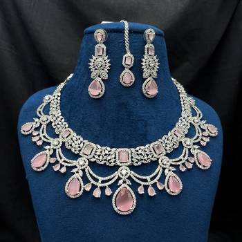 Bridal Pink Stone Choker Necklace Set: CZ Diamond Indian Wedding Jewelry 3