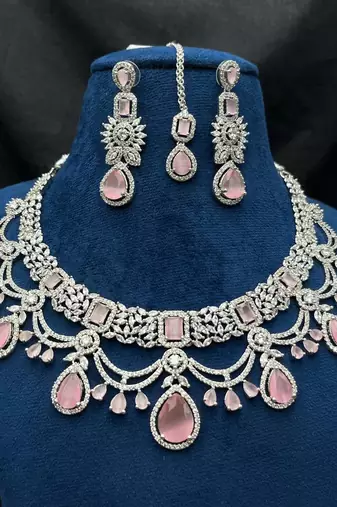 Bridal Pink Stone Choker Necklace Set: CZ Diamond Indian Wedding Jewelry