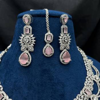 Bridal Pink Stone Choker Necklace Set: CZ Diamond Indian Wedding Jewelry 4