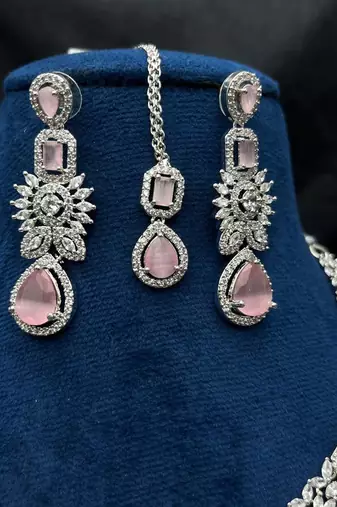 Bridal Pink Stone Choker Necklace Set: CZ Diamond Indian Wedding Jewelry